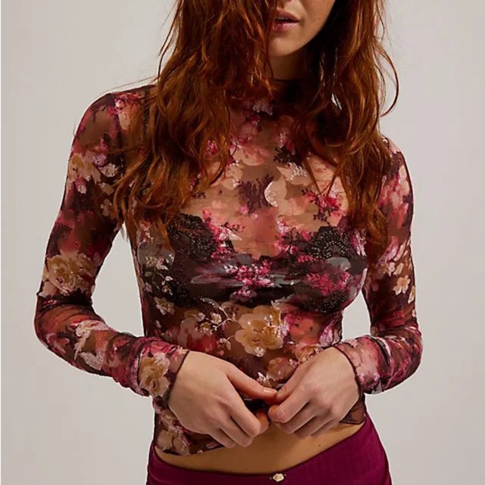 Free People Burgundy Floral Mesh Blouse